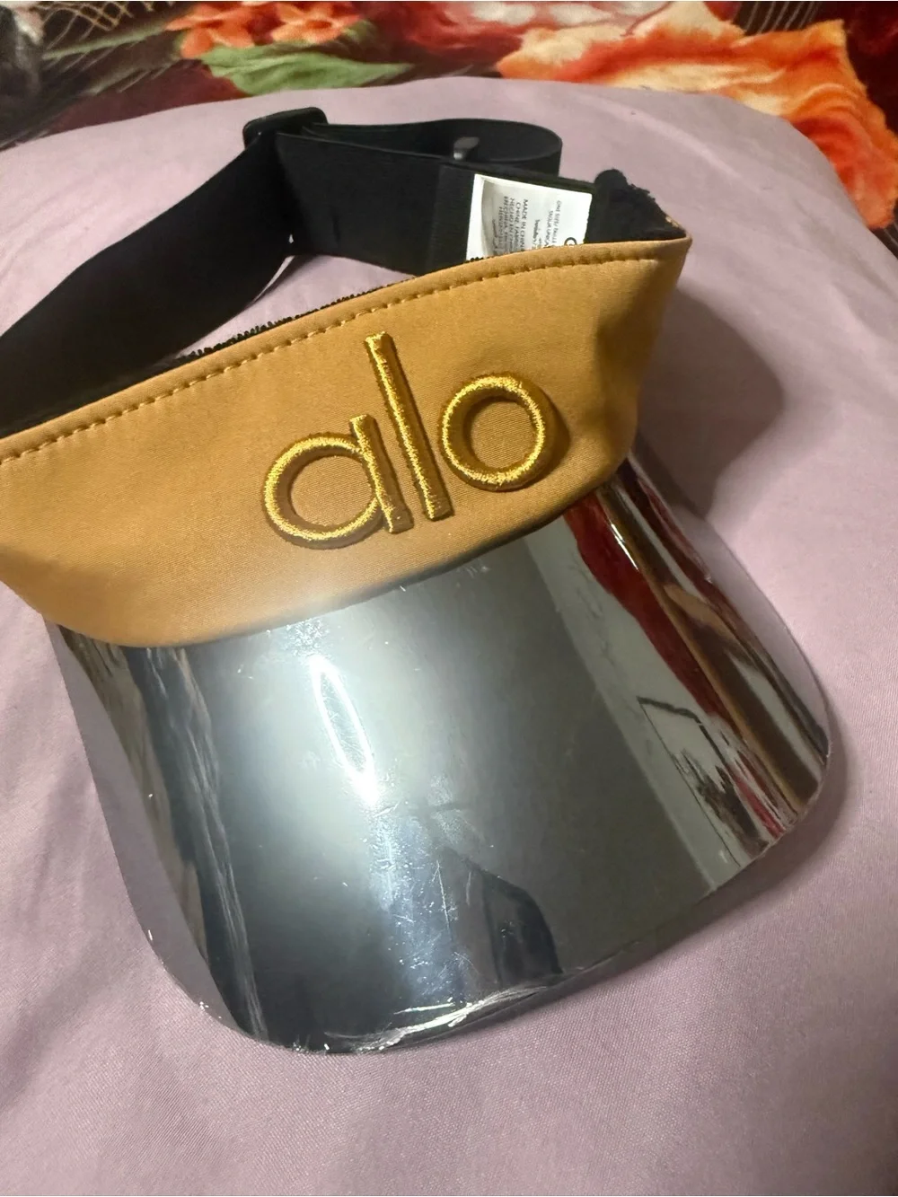 ALO Yoga Kids Metallic Silver Visor with Tan Band and Embroidered Logo